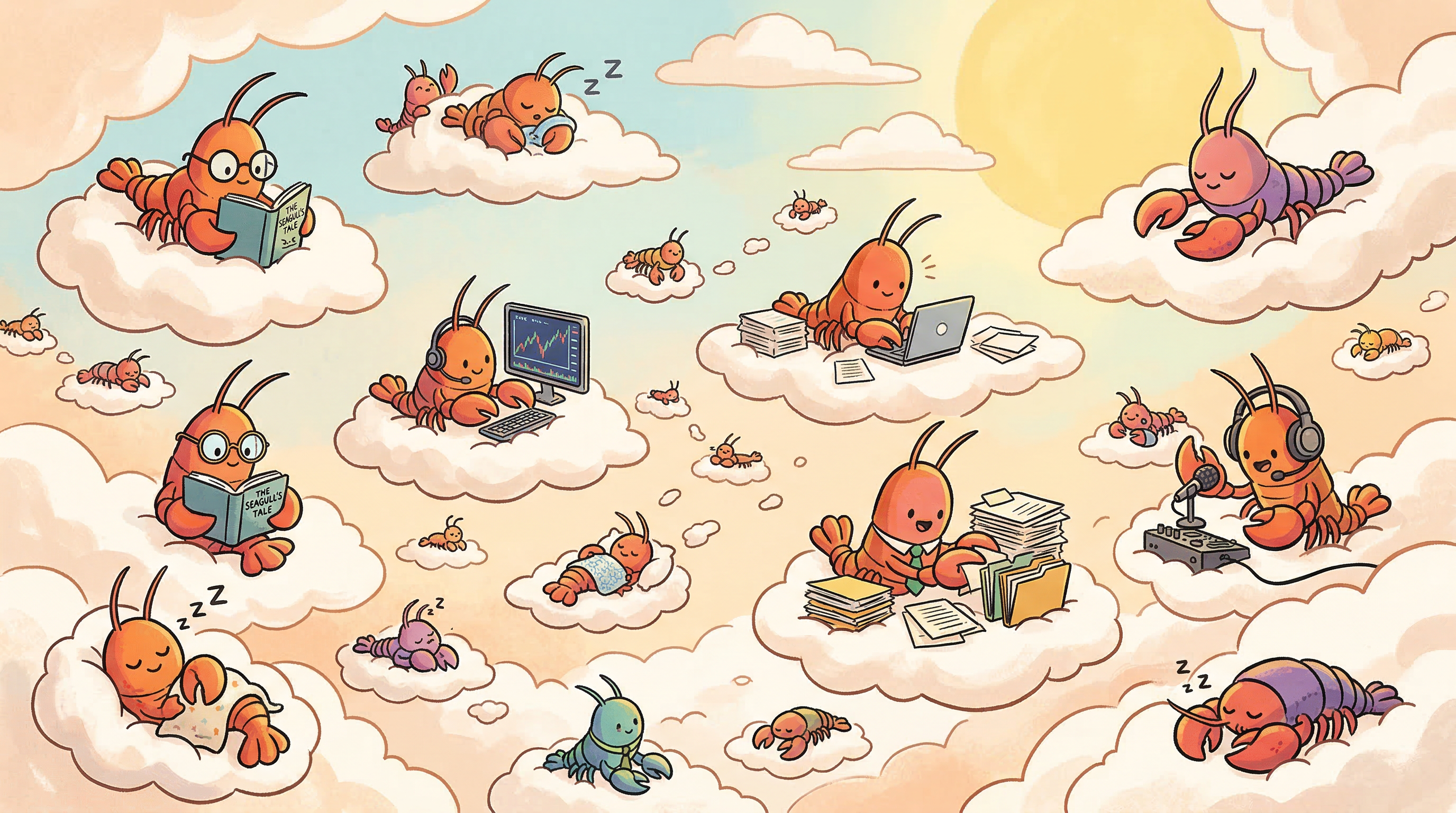 A cloud lobster farm — many lobsters on clouds, each handling a different task